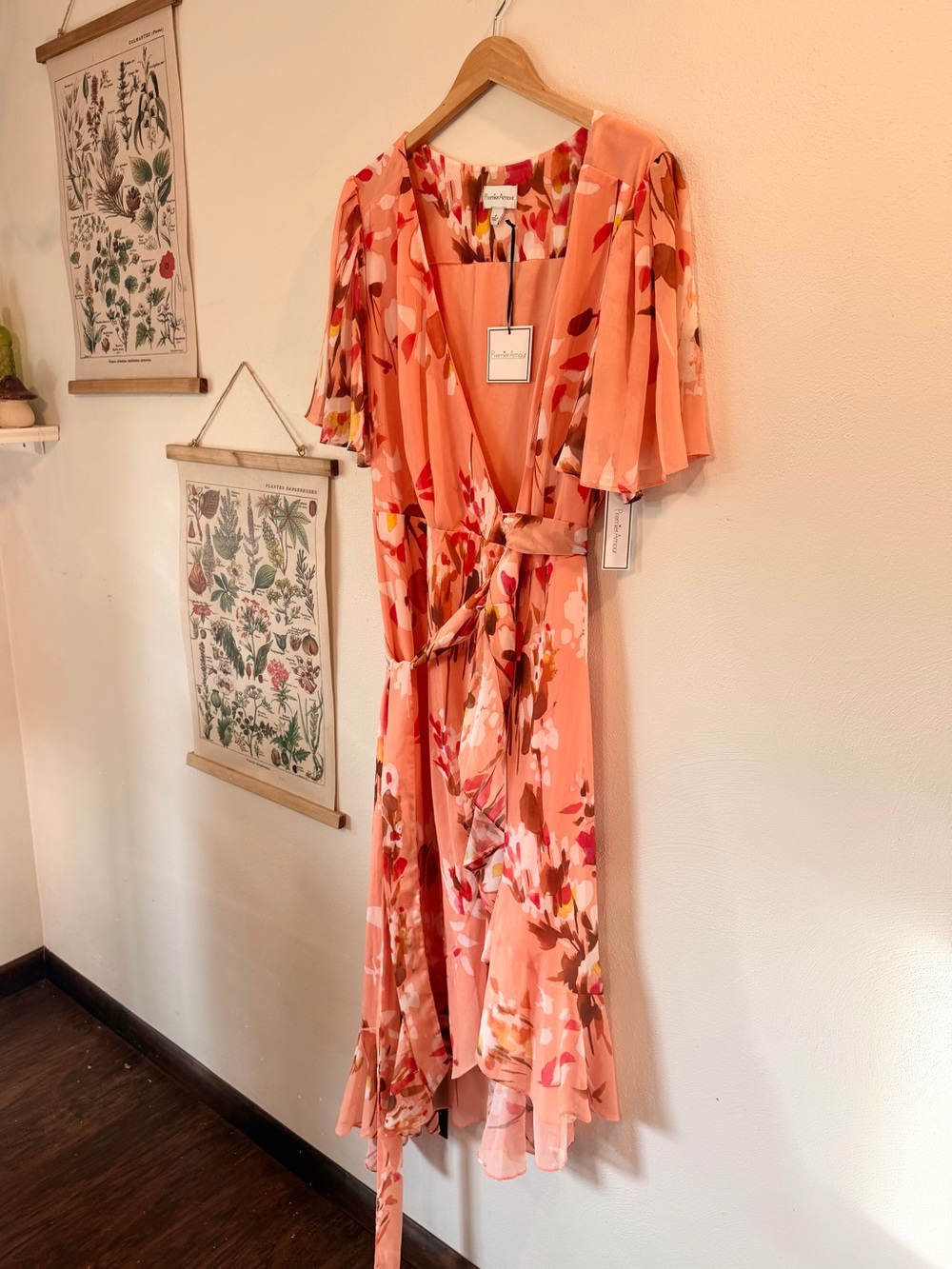 Premier Amour - 16 - Floral Coral High-Low Wrap Dress with Flutter Sleeves